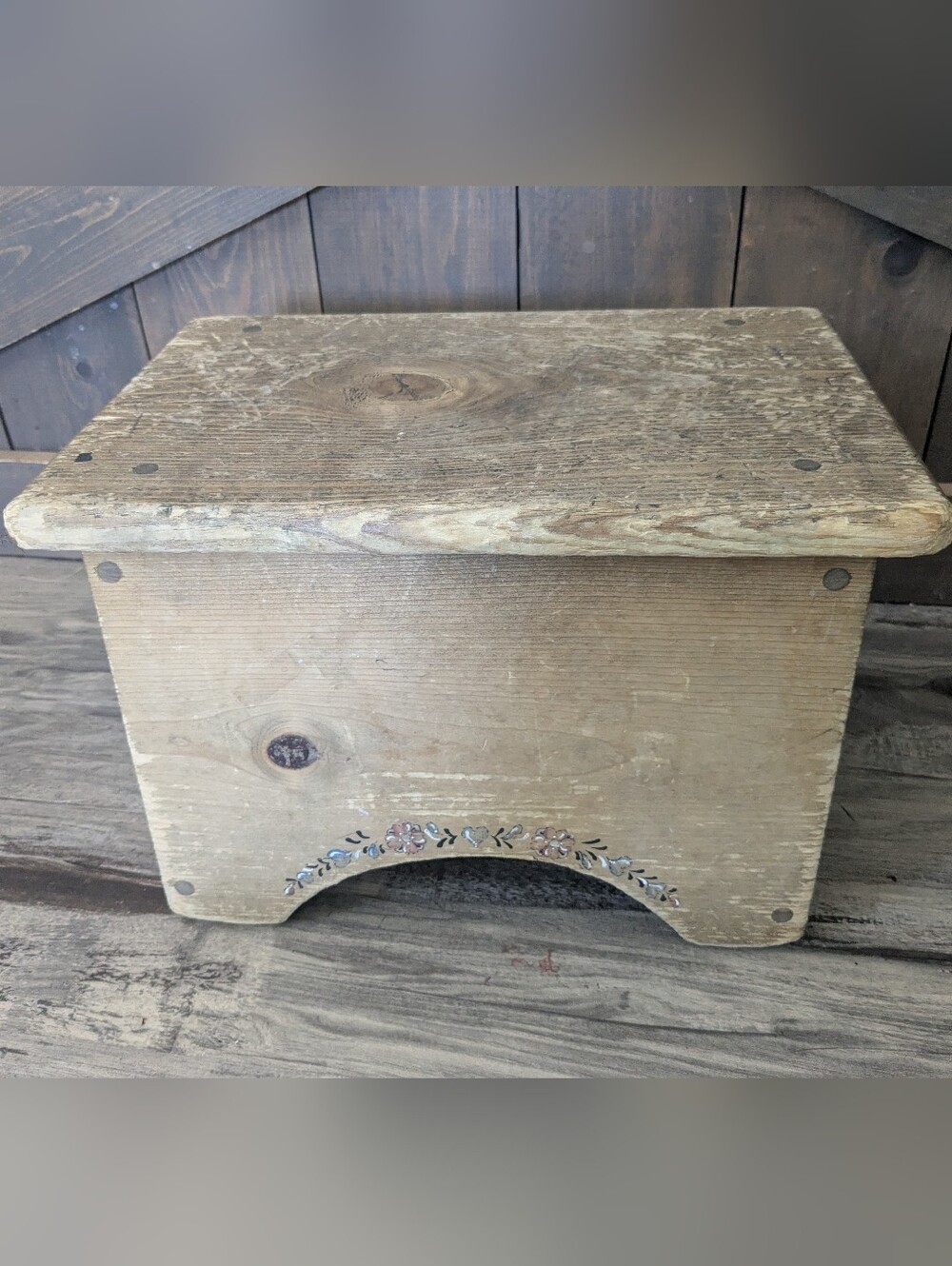 Vintage Hand-Painted Wooden Step Stool - Natural Wood